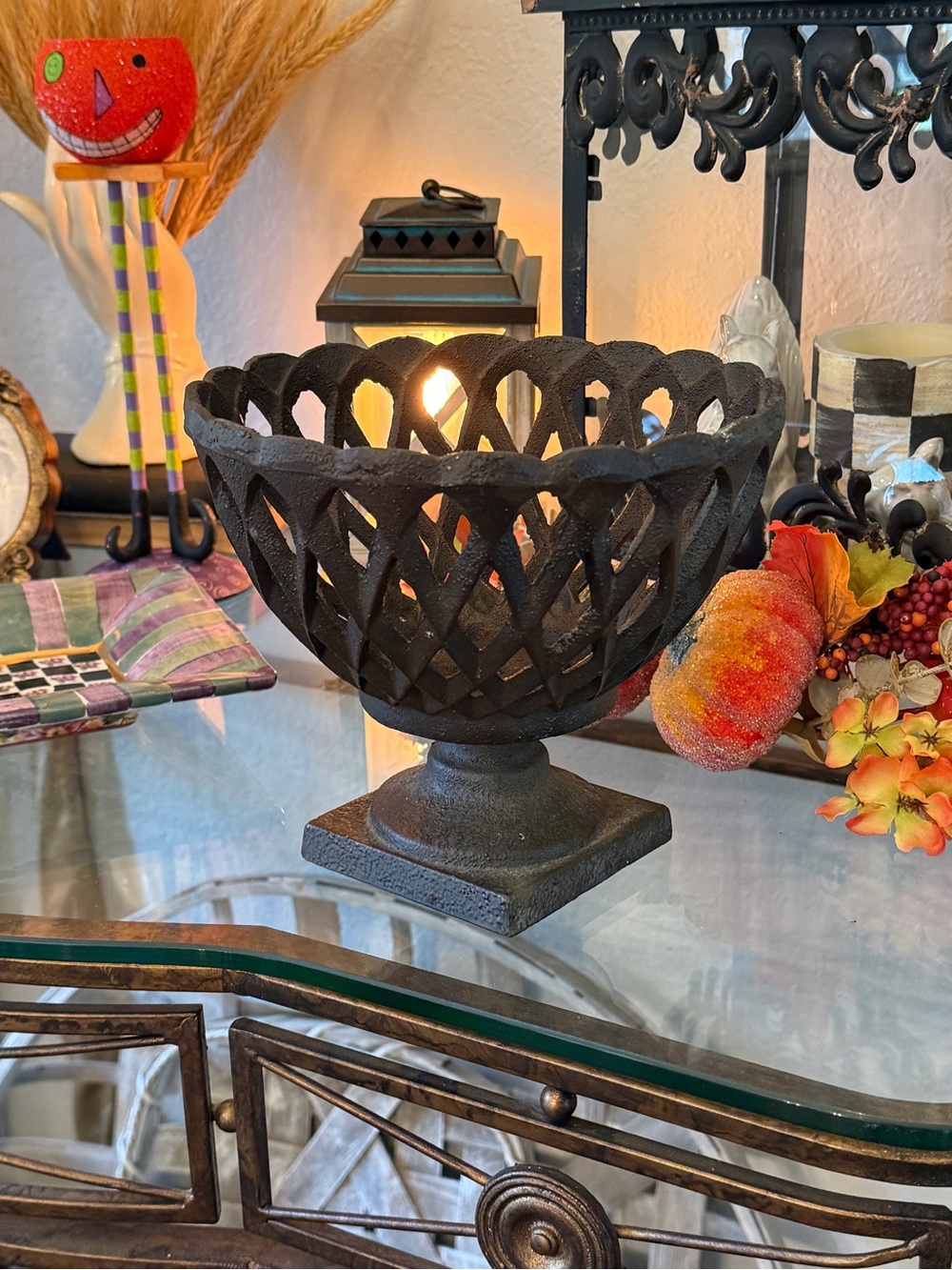 Vintage French-Style Reticulated Cast Iron Lattice Pedestal Bowl